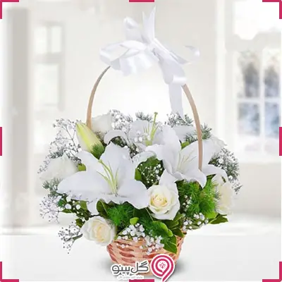 سبد گل رز و لیلیوم سفید g-ba-203